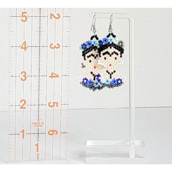 Frida Kahlo Face Handmade Earring Beads Huichol Mexican Icon FREE SHIPPING - Picture 4 of 5